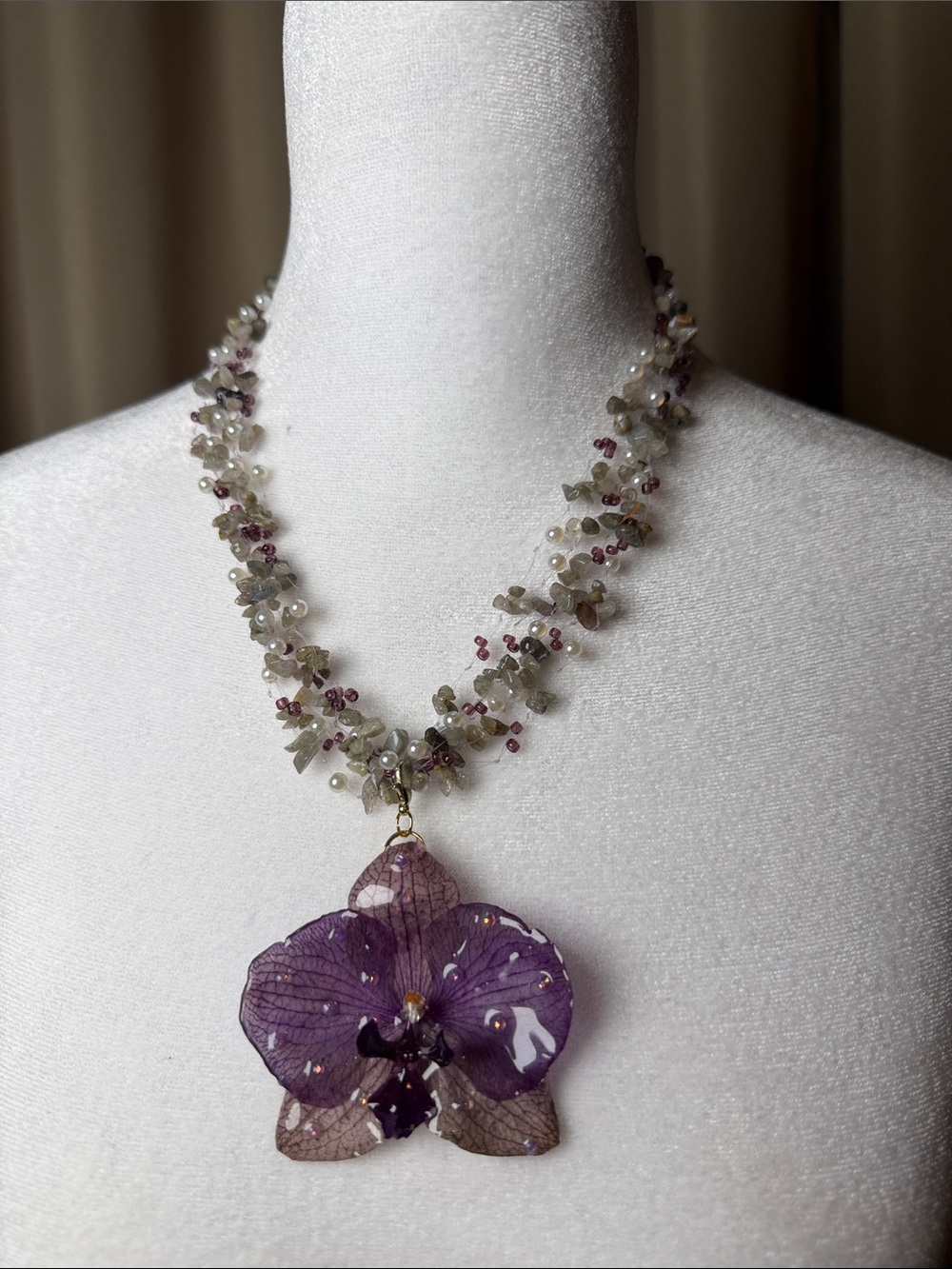 Handcrafted Purple Orchid Pendant Necklace with Multi-Stone Strand